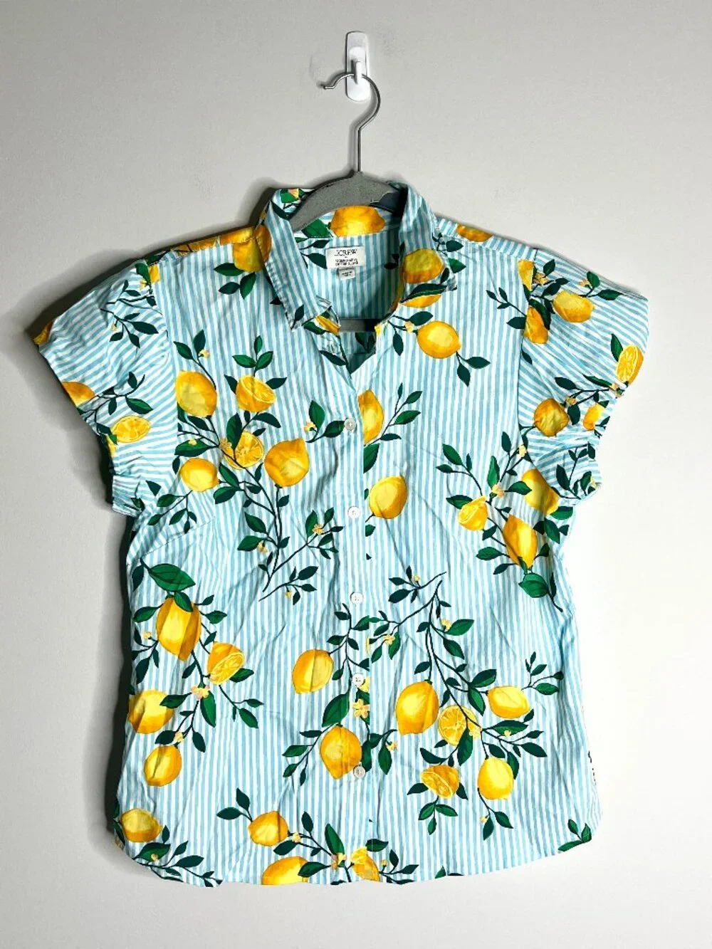 J. Crew Puff-Sleeve Button-Up Top Lemon Print Coastal Summer Vacation Sz S